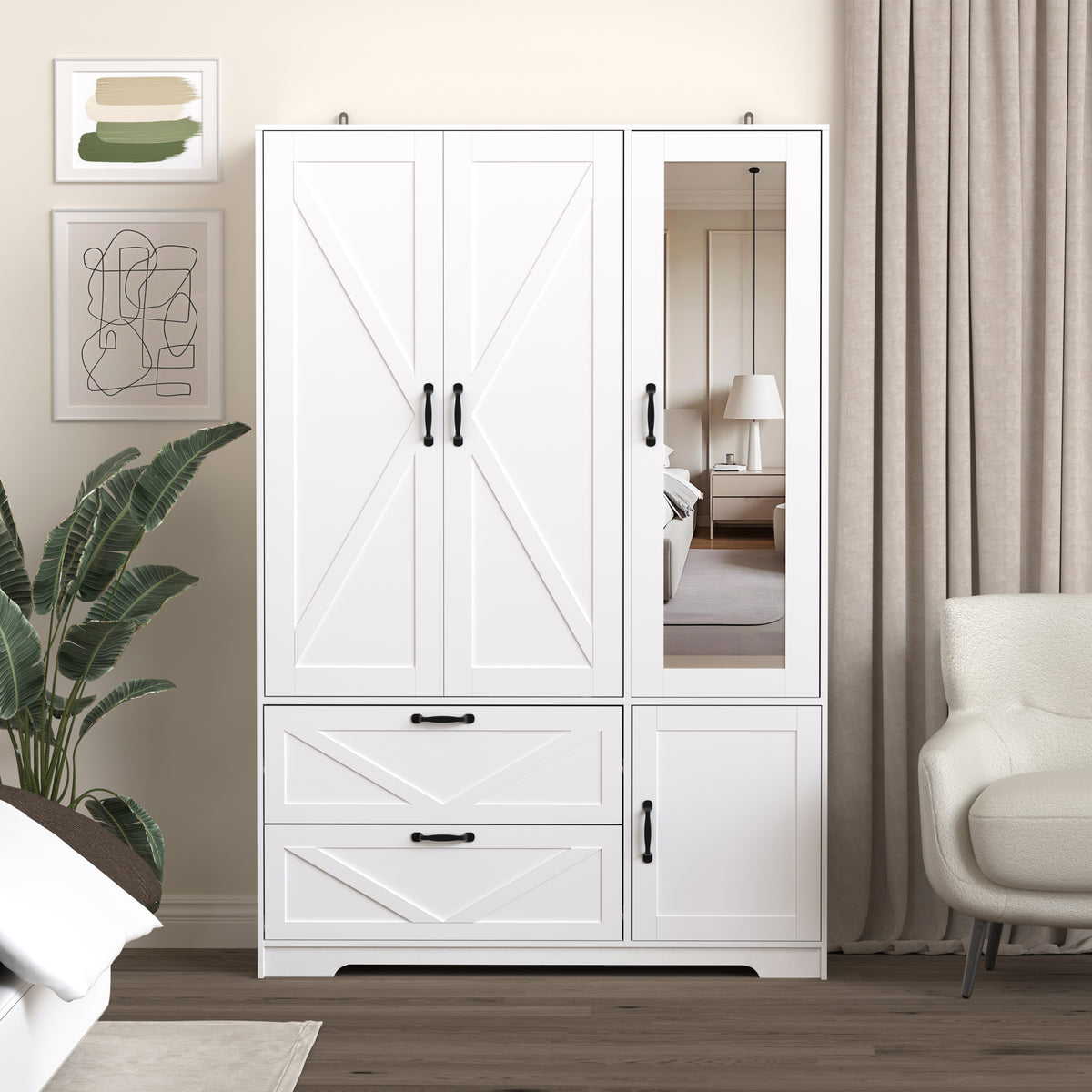 4 Doors Wardrobe Closet with Mirror, LED Wardrobe with Doors and 2 Drawers, Wooden Wardrobe Storage Cabinet with Hanging Rod, Adjustable Shelves, White
