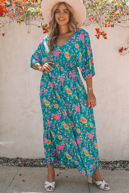 Floral Print Deep V Neck Flutter Sleeve Boho Maxi Dress - Eloy Royal