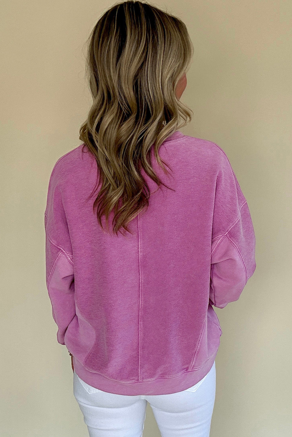 Bright Pink Notched Neck Exposed Seam Drop Shoulder Sweatshirt