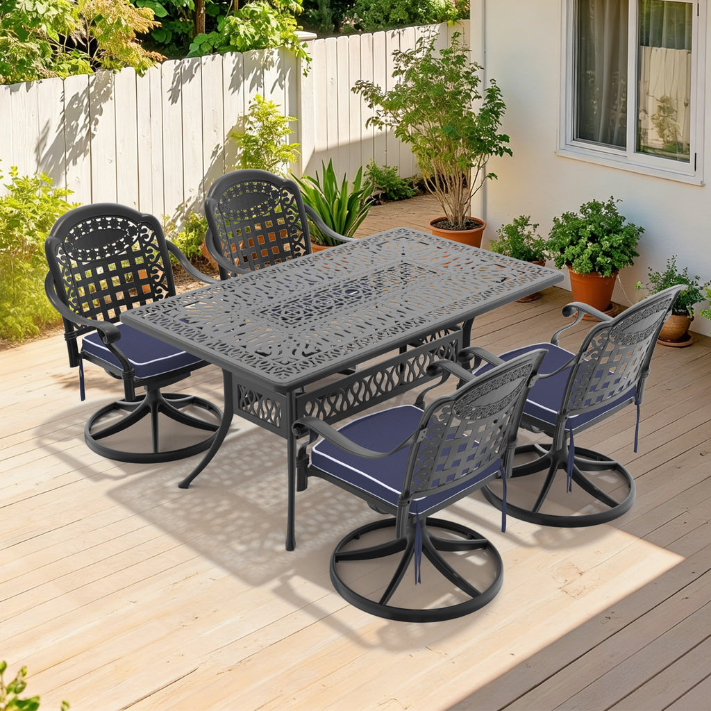 5-Piece All-Weather Cast Aluminum Dining Set, Include 4 Swivel Chairs and Rectangular Table With Black Frame