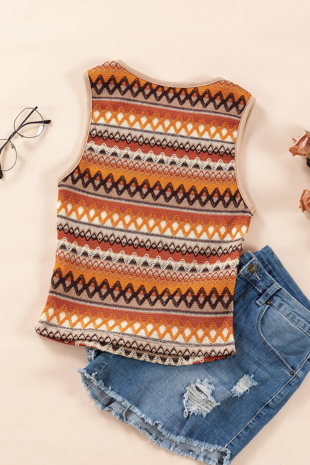 Orange Boho Geometric Striped Knitted Tank Top - Eloy Royal