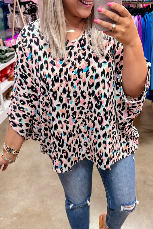 Brown Leopard Print V Neck Plus Size Batwing Top - Eloy Royal