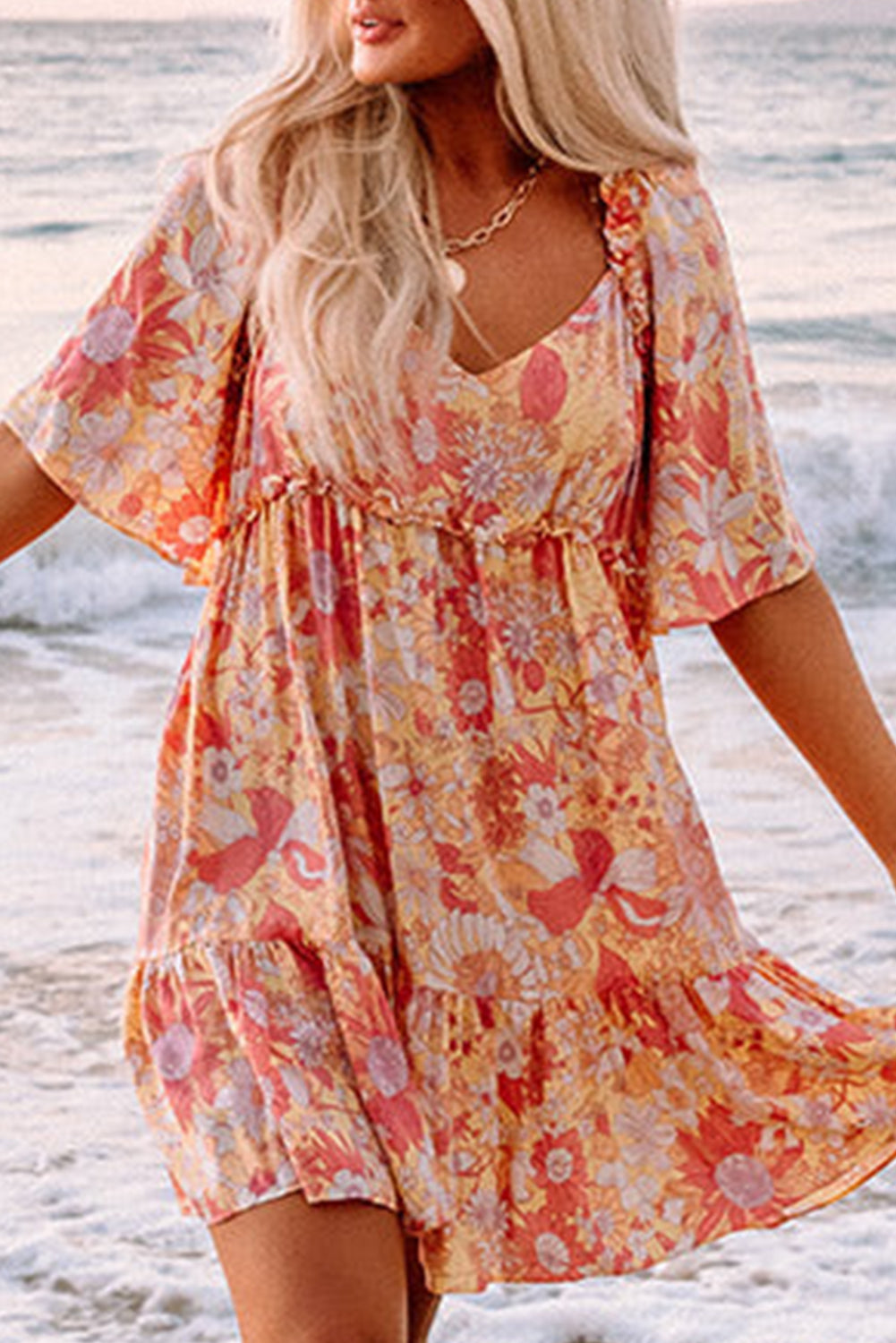 Orange Wide Flutter Sleeve V Neck Floral Dress - Eloy Royal