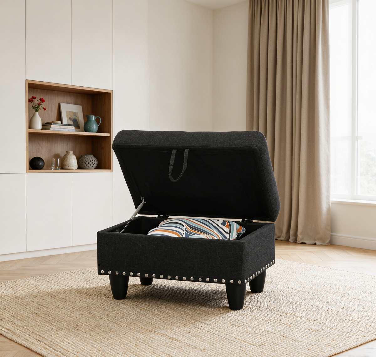 Rectangular Storage Ottoman Bench, Button Tufted Foot Stool with Hidden Storage, Rivet Trim Upholstered Ottoman Footrest for Entryway Living Room Bedroom