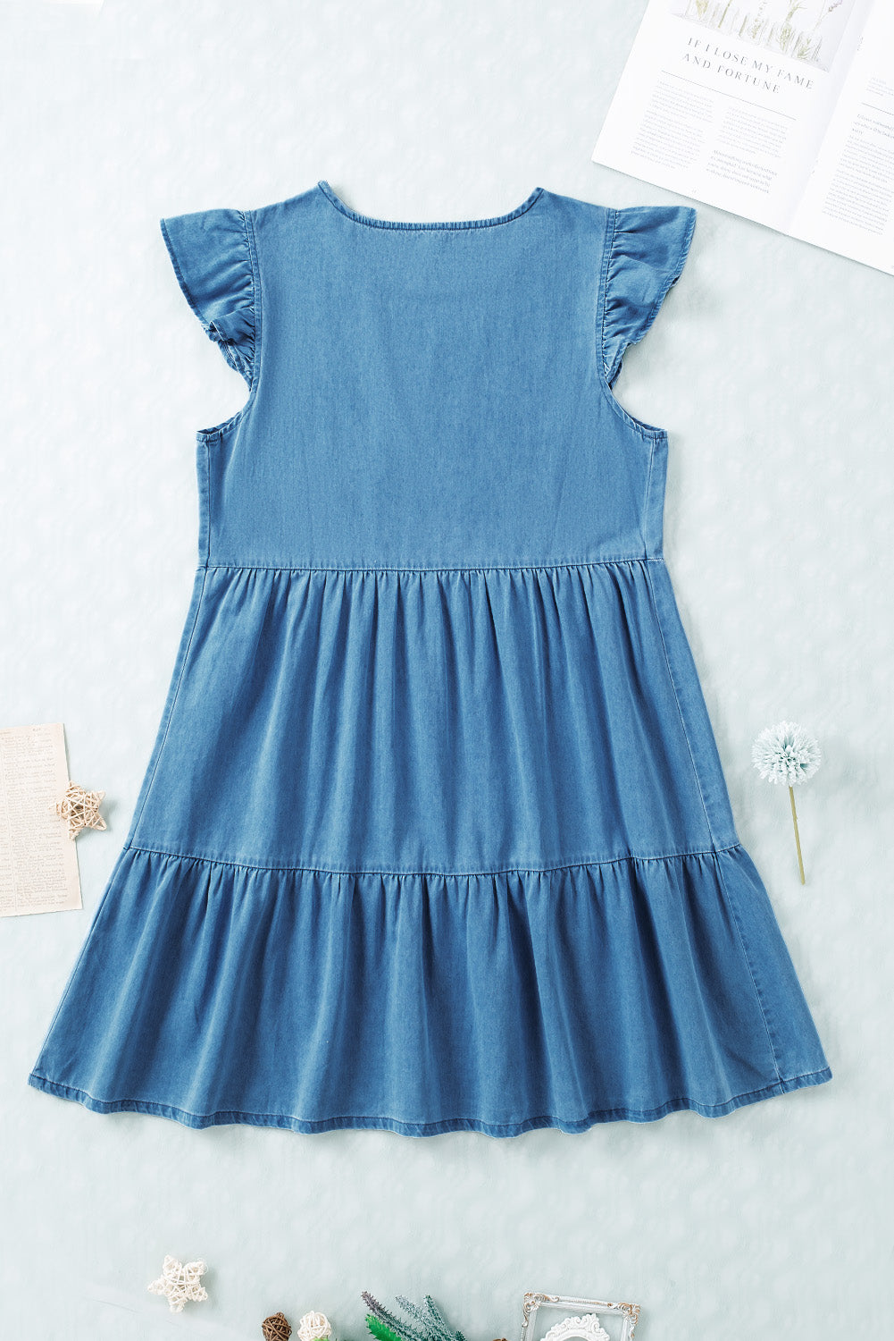 Blue Ruffle Sleeve Casual Short Denim Dress - Eloy Royal