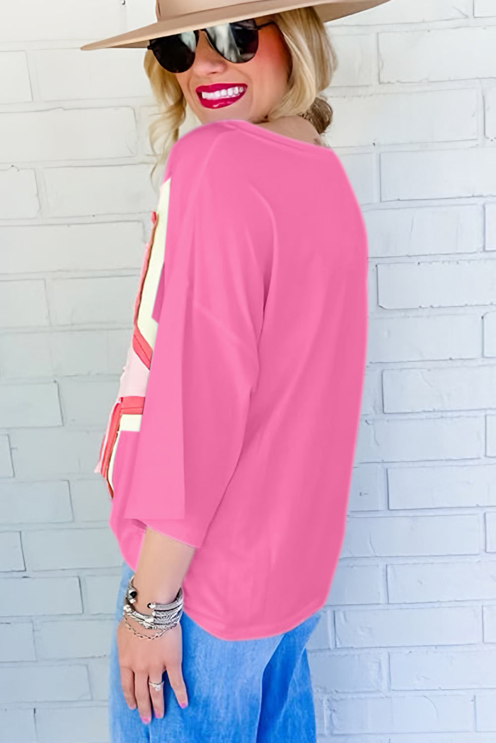 Light Pink Colorblock Star Patched Half Sleeve Oversized Tee - Eloy Royal