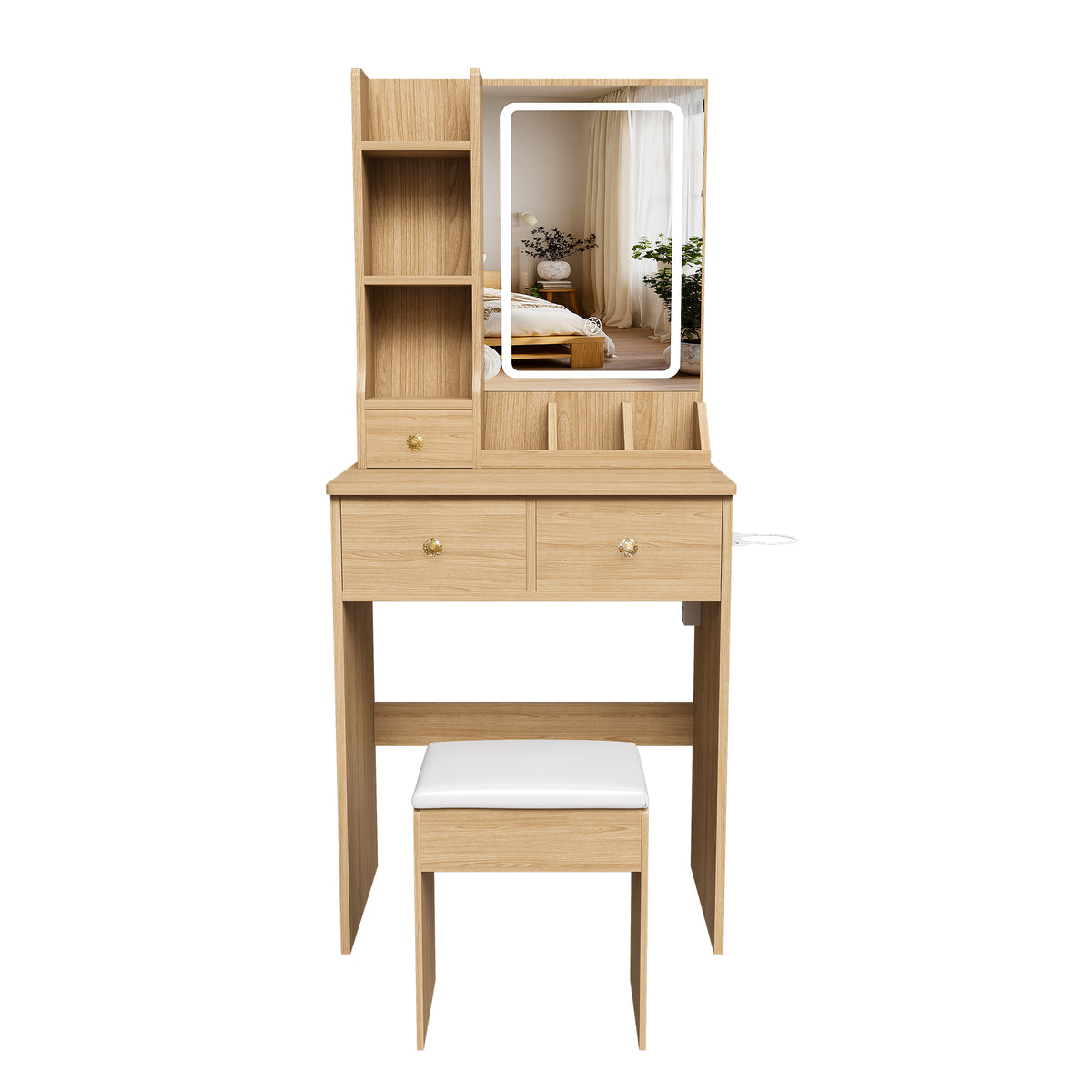 Modern Small Vanity Desk with 3 LED Lighting Modes, 3 Drawers, Hair Dryer Holder, Power Socket, and Dressing Chair in Natural Walnut MDF