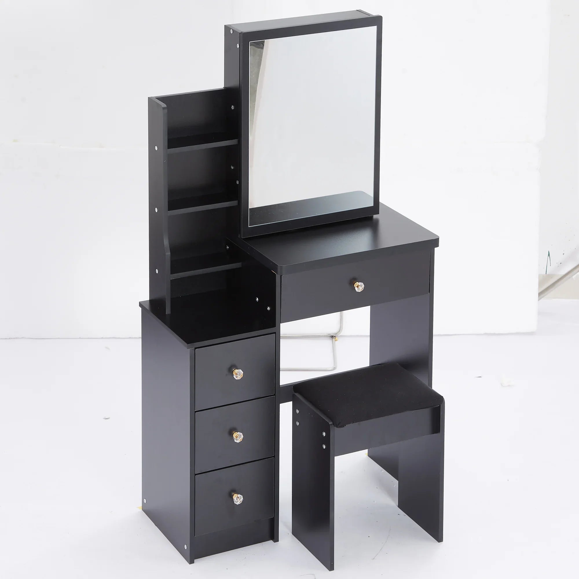 29.2' Small Space Left Bedside Cabinet Vanity Table + Cushioned Stool, Extra Large Right sliding mirror, Multi Layer High Capacity Storage, Practical Fashionable Dresser, Suitable For Small Space - Eloy Royal