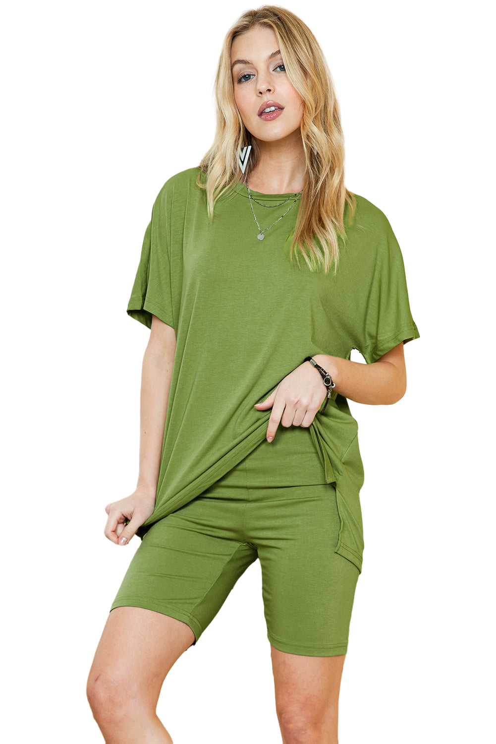 Spinach Green Solid Split Hem Tunic Tee and Tight Shorts Set - Eloy Royal