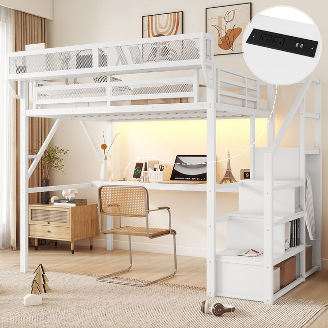 Full Loft Bed with Desk and Charging Station, Full Size Metal Loft Bed with Stairs and Light for Kids Teens,White (OLD  SKU W2580S00046)