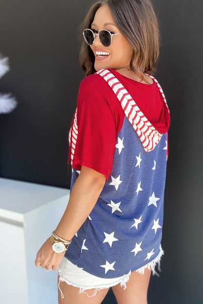 Fiery Red Stars and Stripes Print Drawstring Hooded T Shirt - Eloy Royal