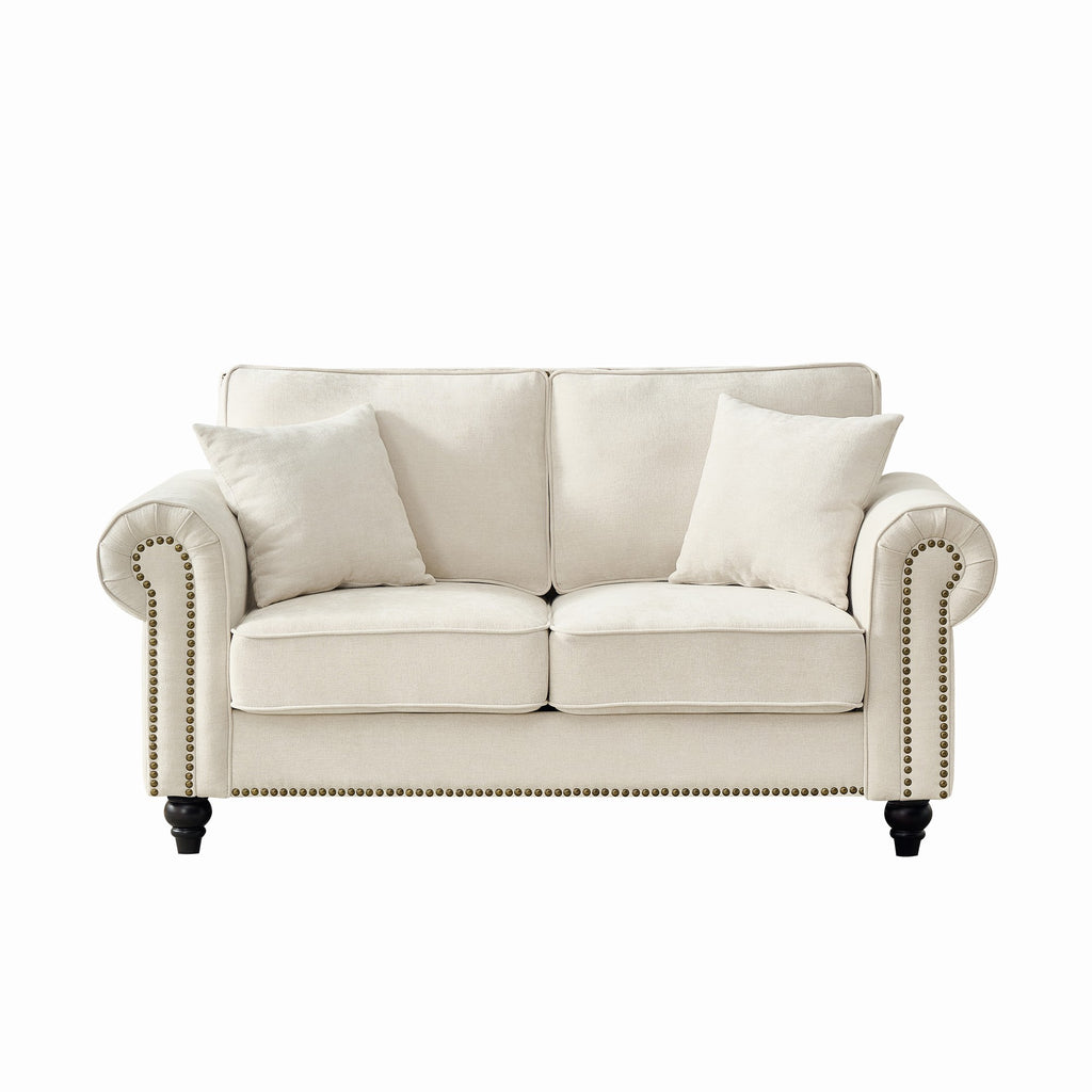 Modern 2-Seater Sofa with Rolled Arms, Tufted Upholstery, Wood Legs, Nailhead Trim, Beige Fabric, 63'