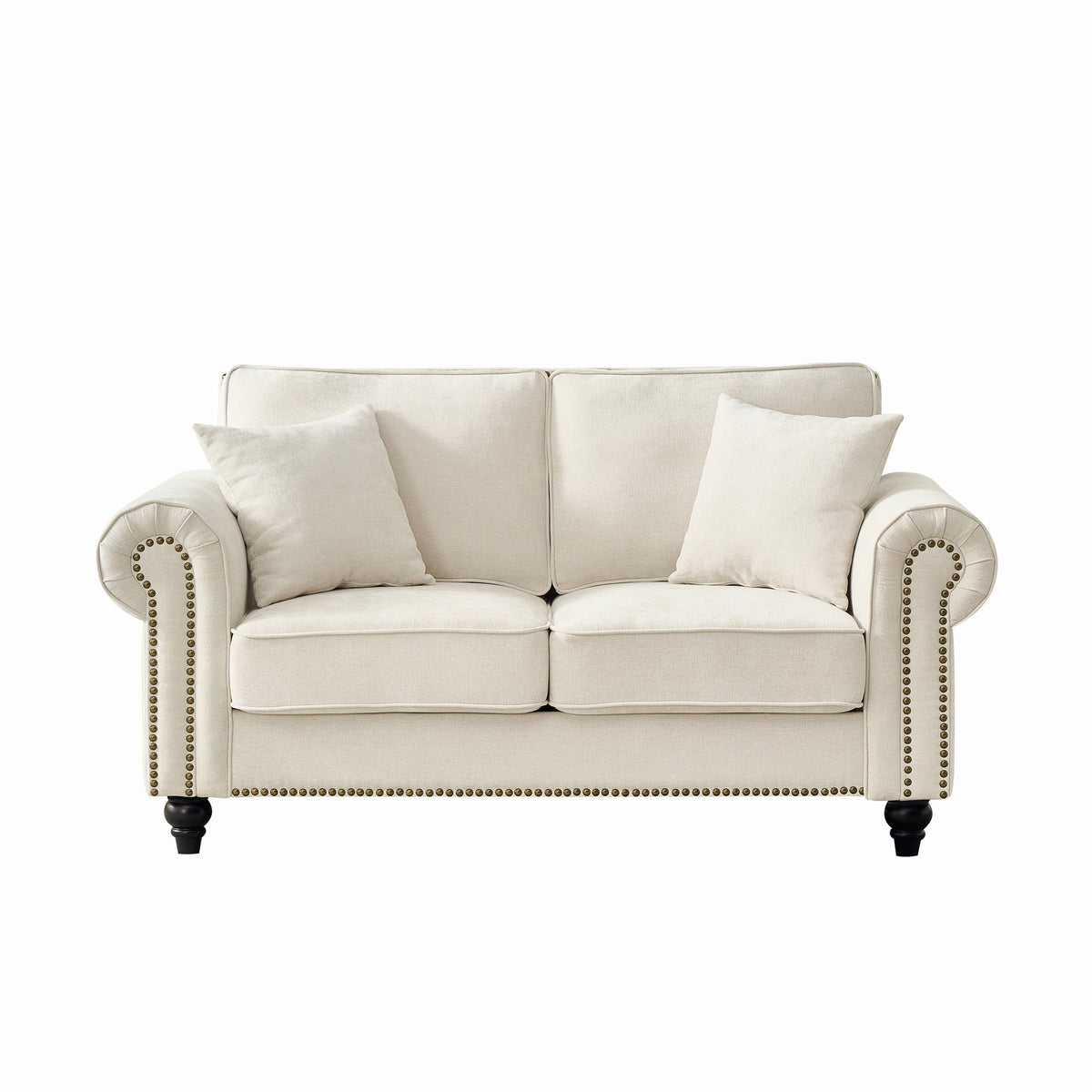 Modern 2-Seater Sofa with Rolled Arms, Tufted Upholstery, Wood Legs, Nailhead Trim, Beige Fabric, 63'