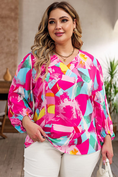 Pink Plus Size Graffiti Print Split Neck Puff Sleeve Blouse - Eloy Royal