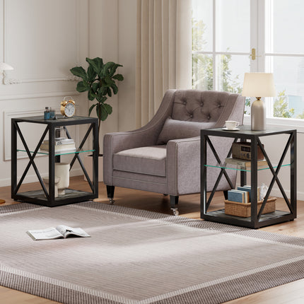 Set of 2 Modern End Table Nightstand for Bedroom & Living Room, Tempered Glass&Rustic Wood Grain MDF, Industrial Style Side Table