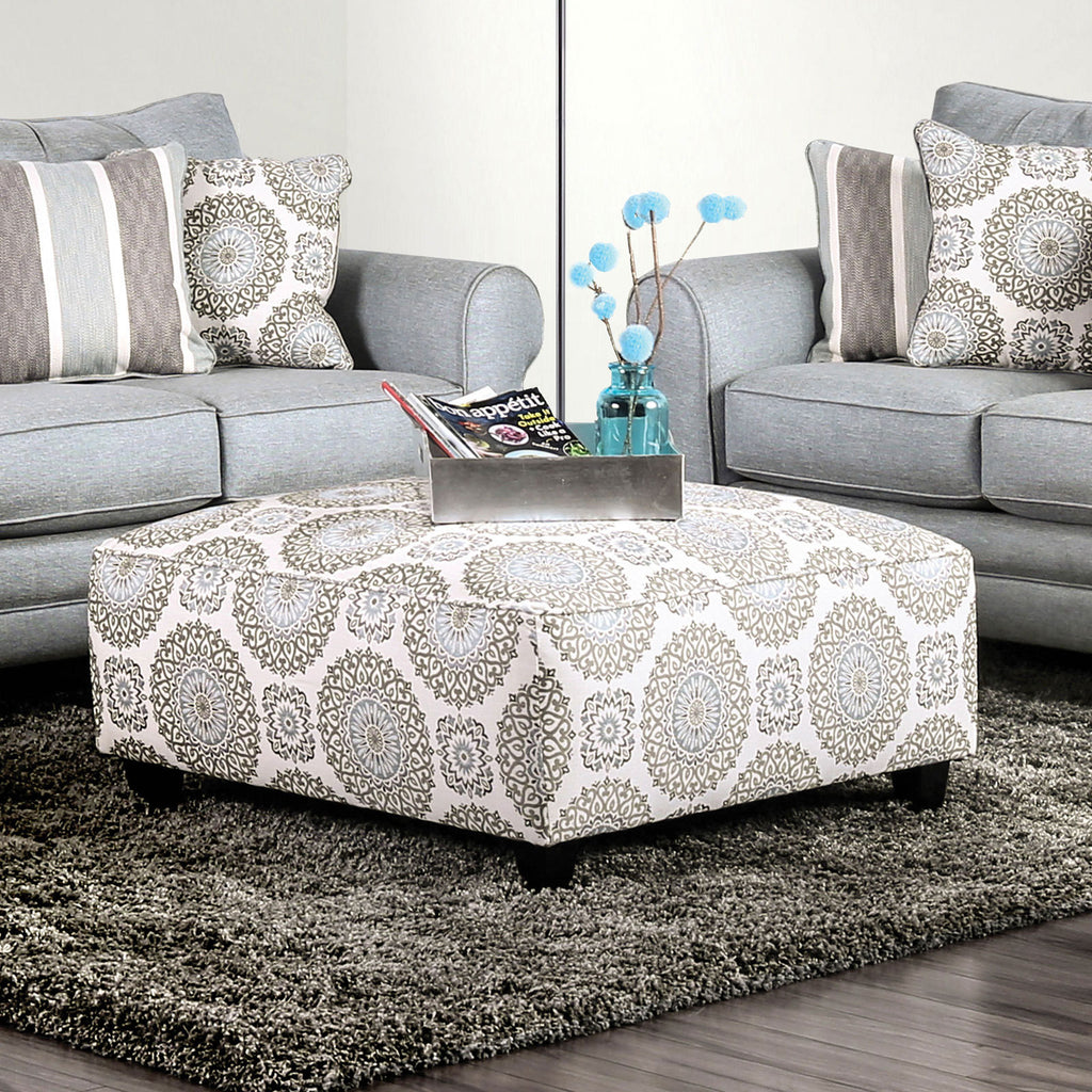Square Upholstery Ottoman Transitional Style Welt Trim Tapered Legs  Ivory Pattern Finish
