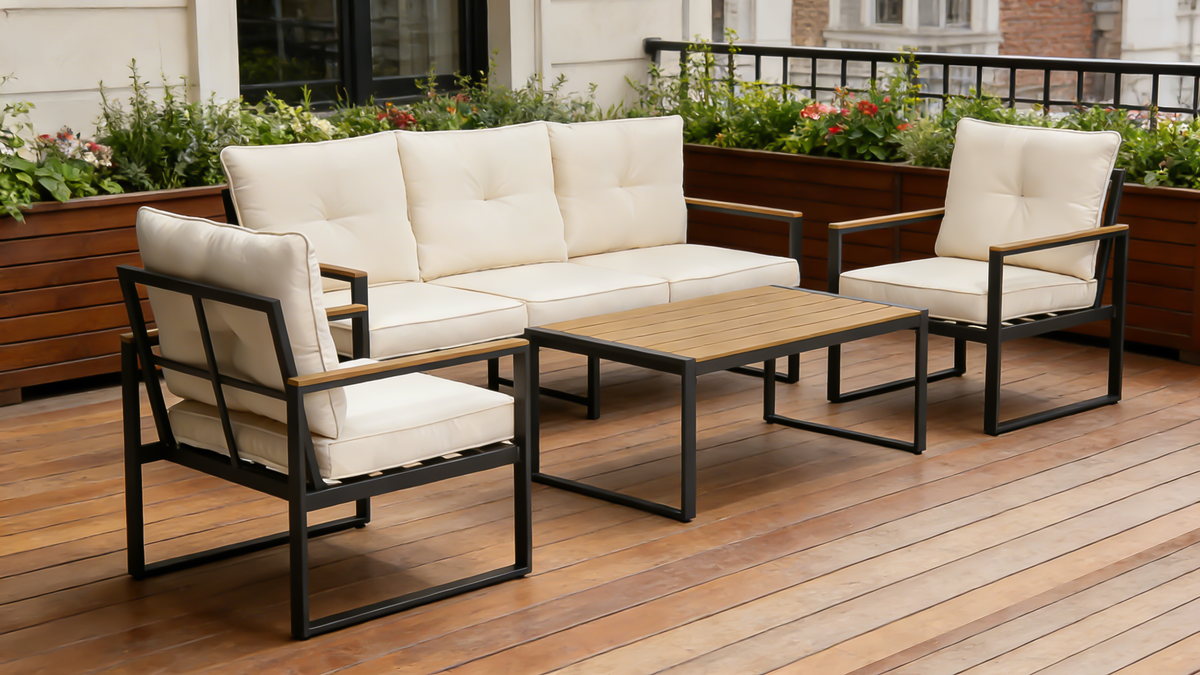 Steel Outdoor Patio Furniture Set, Oversized Patio Conversation Sets with Deep Seating and Wide Armrest, Outdoor Sectional Metal Sofa with 4 Inch Beige Cushion and Coffee Table, 5-Seater for Garden