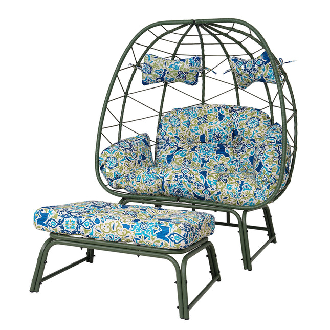 Double Patio Egg Chair with Ottoman, Wicker Outdoor Egg Chair with Cushion, 2 Person Lounge Chair with Footrest for Balcony, Garden and Backyard