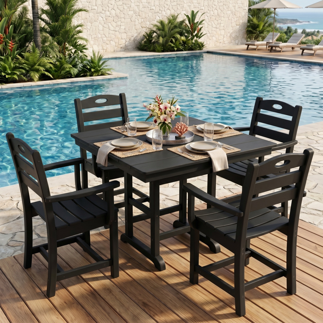 Black HDPE 5-Piece Outdoor Patio Dining Set with Square Table, Umbrella Hole and 4 Armchairs