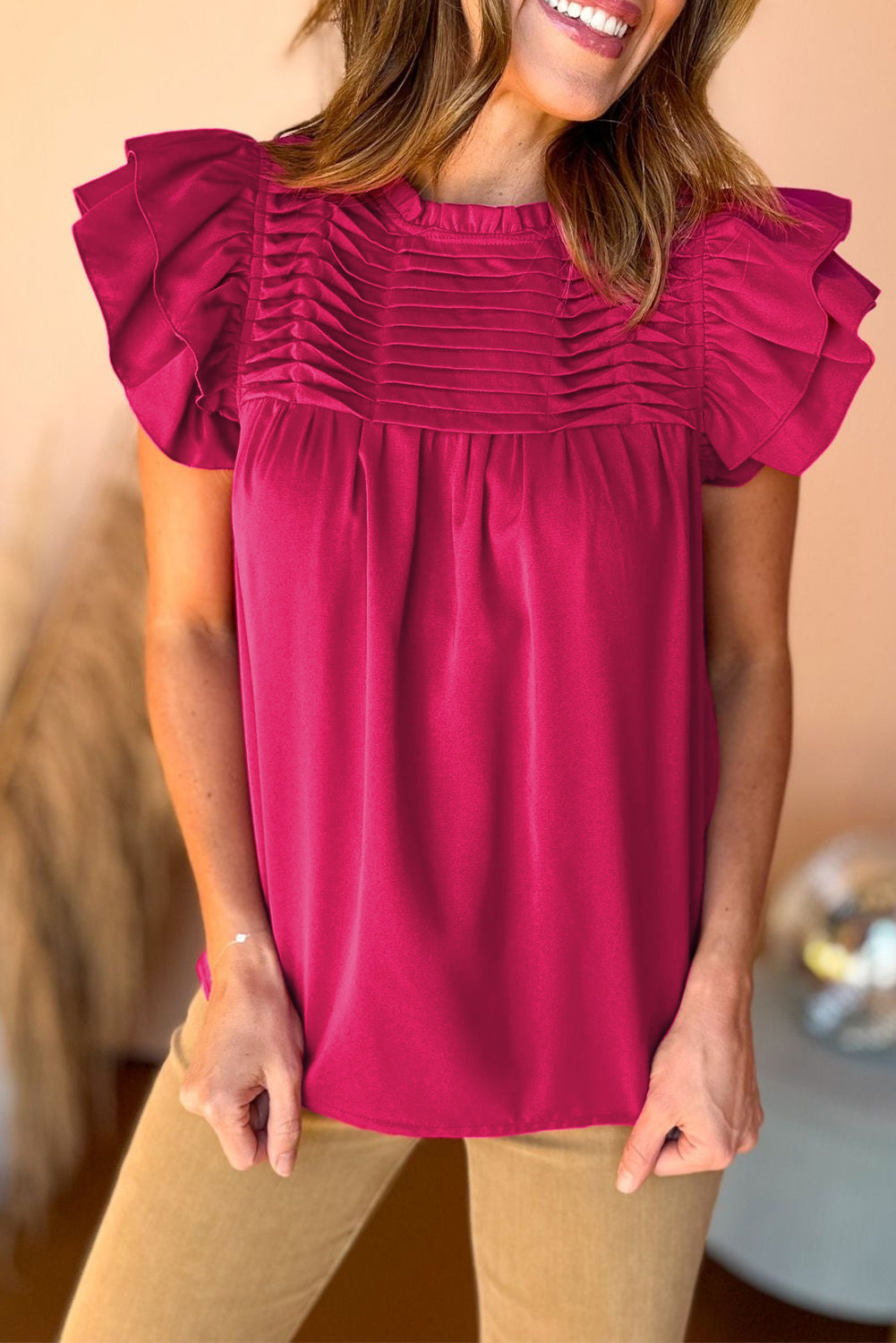 Grapefruit Orange Ruched Frilled Neck Ruffle Blouse - Eloy Royal