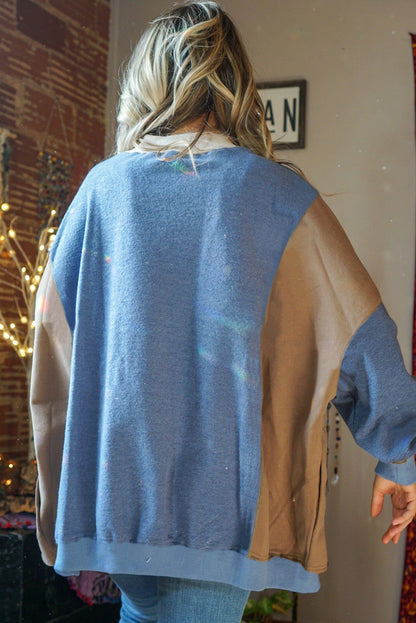 Sky Blue Colorblock Exposed Seam Patchwork Oversized Sweatshirt