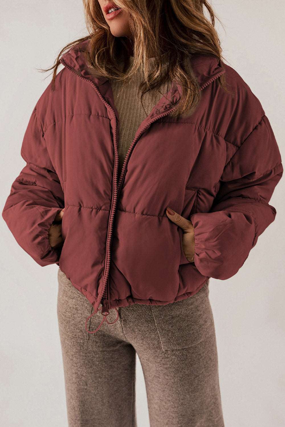 Biking Red Zip Up Drawstring Hem Pocket Puffer Coat