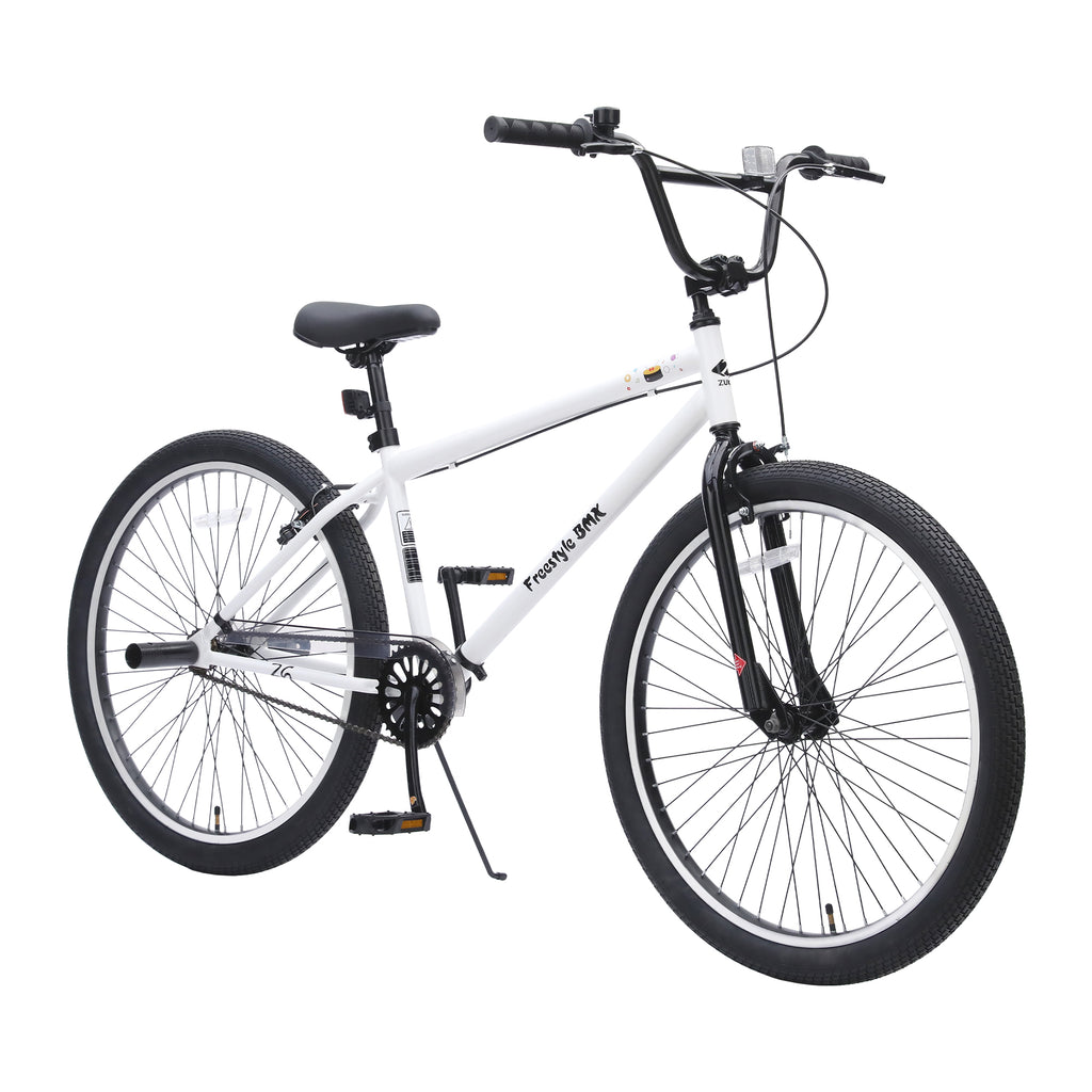 26 Inch Freestyle Bike for Teens, Steel Frame Single-Speed Bicycle with 2 Pegs , Front Caliper Brake and Rear V Brake, Bicycle for Boys and Girls