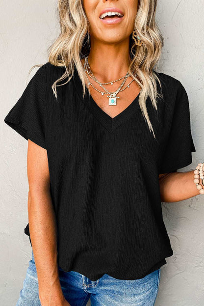 Black Plain Crinkled V Neck Short Sleeve Blouse