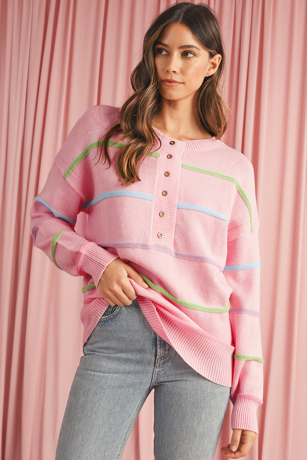 Pink Rainbow Striped Drop Sleeve Henley Sweater