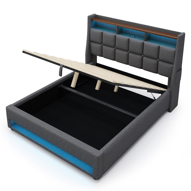 Modern Grey Upholstered Platform Bed with Hydraulic Storage, LED Lighting & Charging Station, Full Size, Linen and Wood Frame