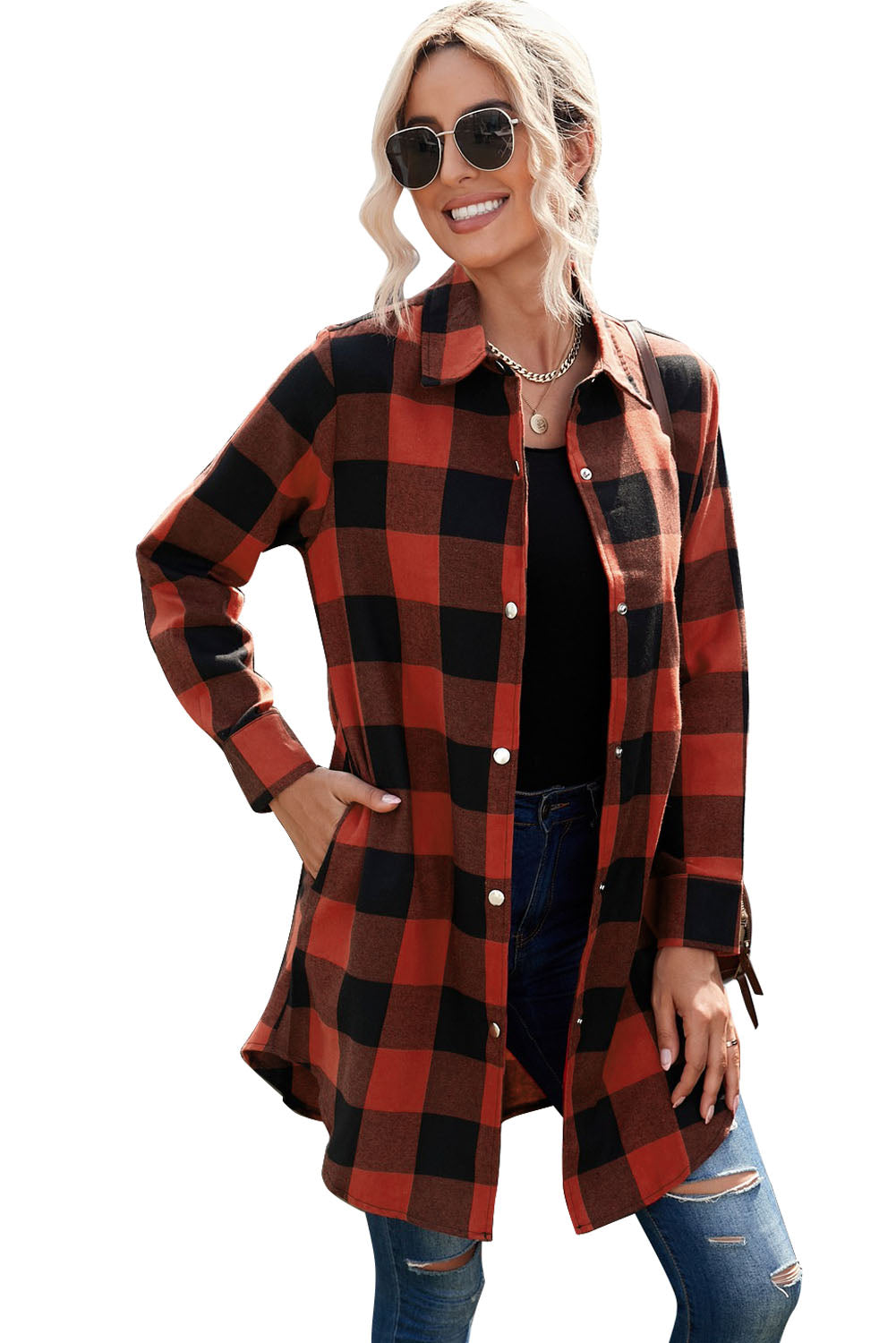 Wholesale Brown & Black Plaid Collared Botton Down Long Shirt Shacket - Eloy Royal