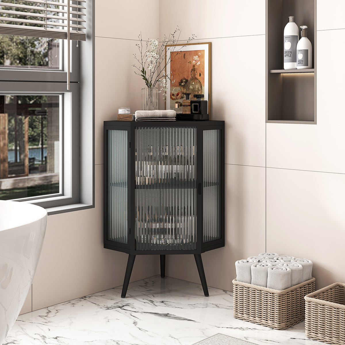 22.25' Floor Coner Cabinet with Tempered Glass Door & Storage Shelves for Bathroom, Living Room, Bedroom (Black)(same sku:W757130158)