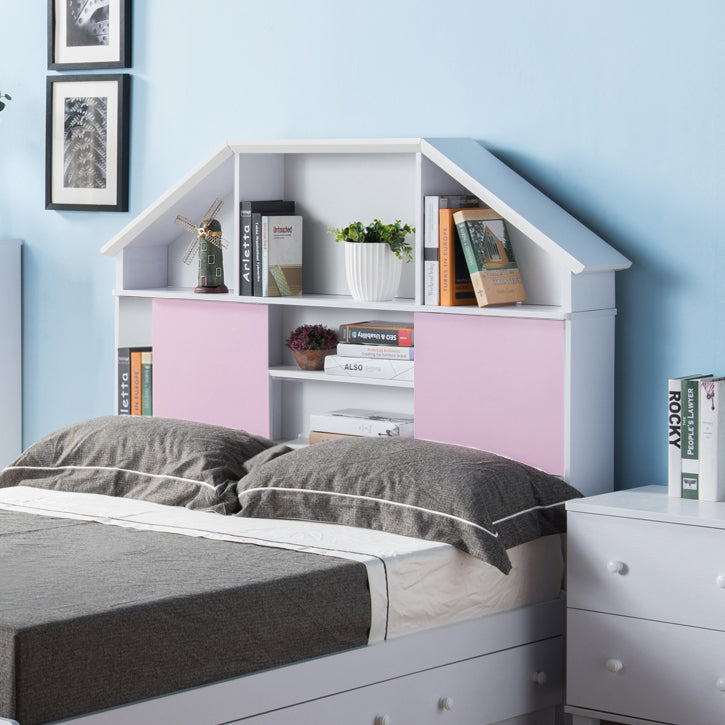 Full Size Bookcase headboard free standing tall storage two sliding pink doors with seven cubby shelves white