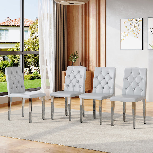 4-piece set of light grey PU dining chairs: ergonomically designed buckle backrest, 35 inches high, silver metal legs, combining comfort and texture.Suitable for family restaurants, banquet hall, etc.