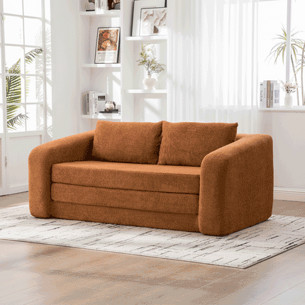 71' 2-in-1 Pull Out Foldable Loveseat Sofa Bed with Armrest & Backrest Pillows, Convertible Chenille Boneless Cloud Floor Mattress Sleeper Lounge Couch for Living Room Bedroom Guestroom Dorm, Orange