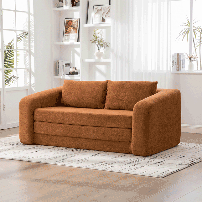 71' 2-in-1 Pull Out Foldable Loveseat Sofa Bed with Armrest & Backrest Pillows, Convertible Chenille Boneless Cloud Floor Mattress Sleeper Lounge Couch for Living Room Bedroom Guestroom Dorm, Orange