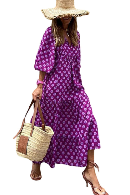 Purple Boho Printed V Neck Puff Sleeve Maxi Dress - Eloy Royal