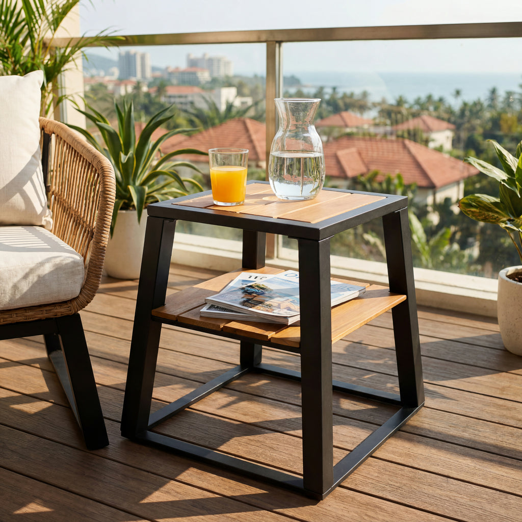 Outdoor Side Table, 2-Tier Acacia Wood End Table with Black Iron Frame, Weather-Resistant Patio Side Table with Storage Shelf, Teak Finish, 30 lbs Capacity