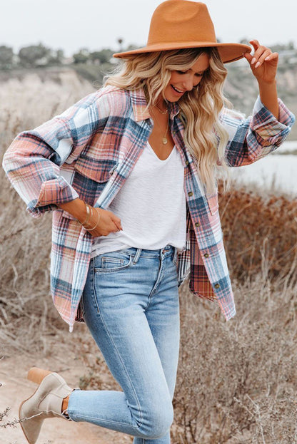 Pink & Grey Plaid Button Up Collared Flannel Shacket - Eloy Royal