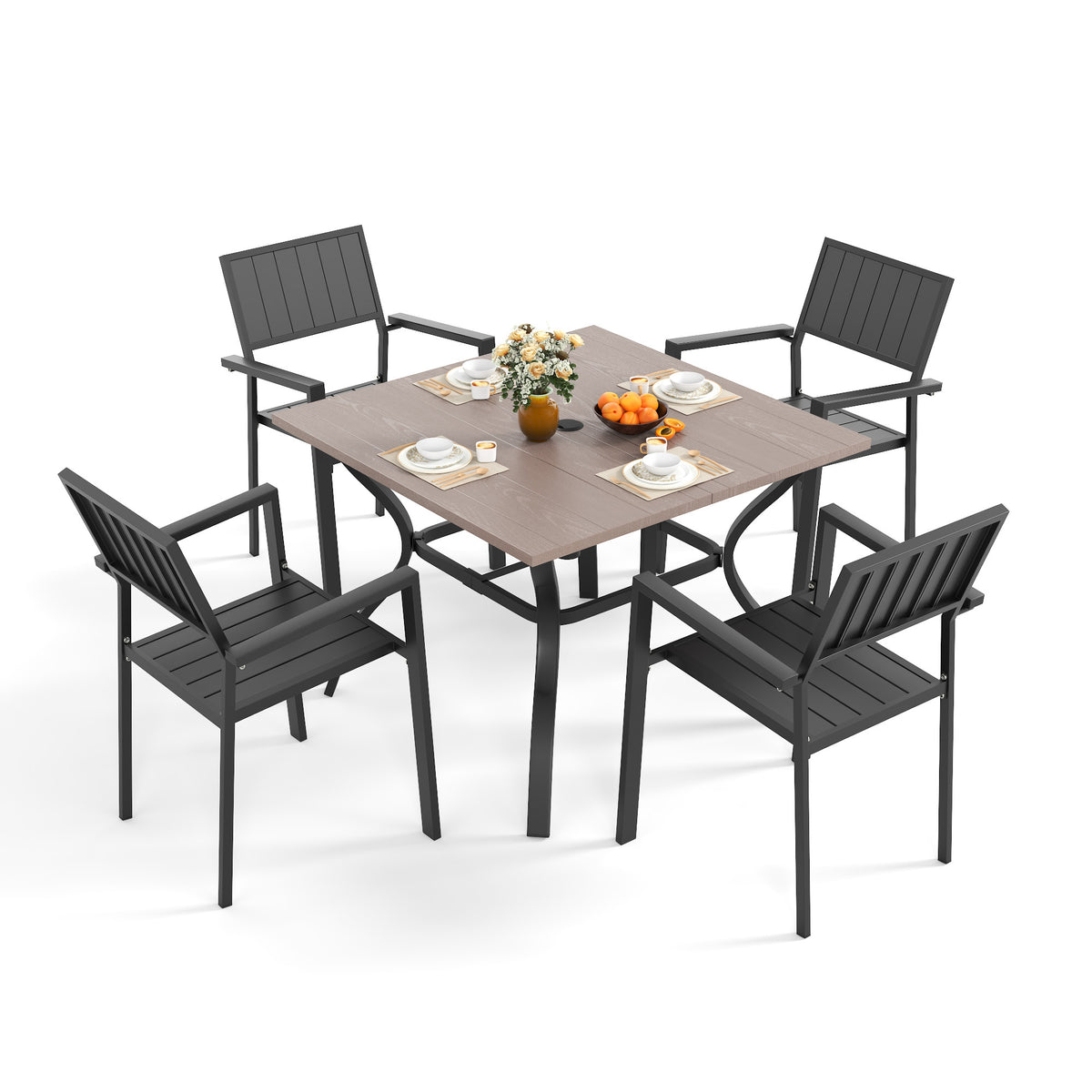 5‑Piece Outdoor Patio Dining Set, 4 Iron Chairs (350 lbs Capacity) + 37.8' Square Wood‑Grain Metal Table w/ Umbrella Hole , Rustproof, Ergonomic Slat Design, 30‑Min Quick Assembly