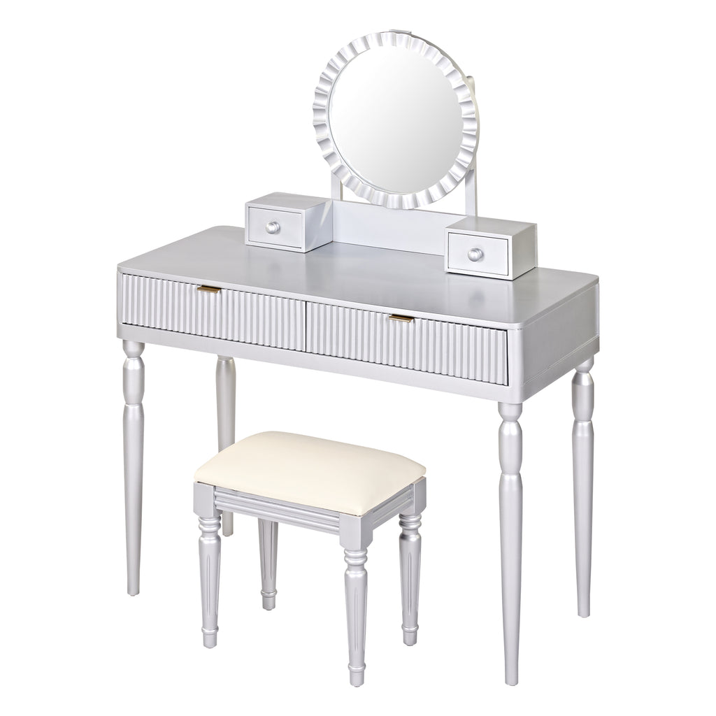 Luxury Vanity Desk with Round Mirror, Height-Adjustable Dressing Table Set, Silver, Engineered Wood, 39.40 x 17.70 x 29.90 inches