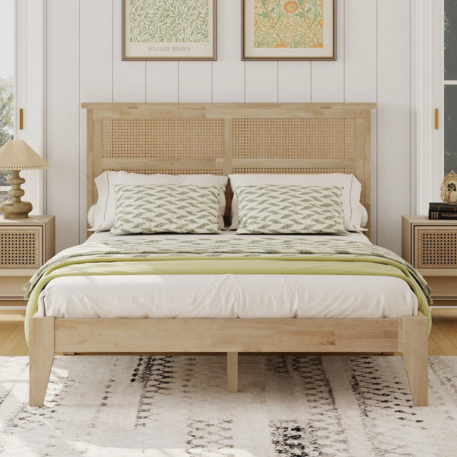 Full Size Solid Wood Bed with Rattan Headboard,Rubber Wood Bed with Central Support Beams and Enhanced Feet,Natural