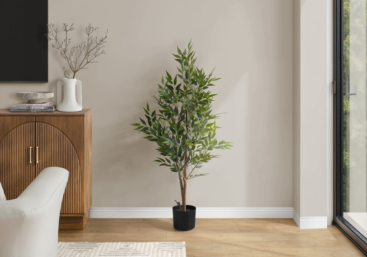Artificial Plant, 47' Tall, Acacia Tree, Indoor, Faux, Fake, Floor, Greenery, Potted, Silk, Decorative, Green Leaves, Black Pot