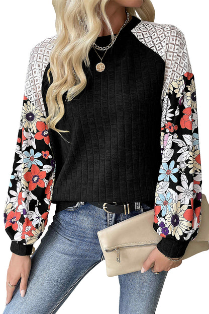 Laurel Green Floral Patchwork Raglan Sleeve Ribbed Blouse