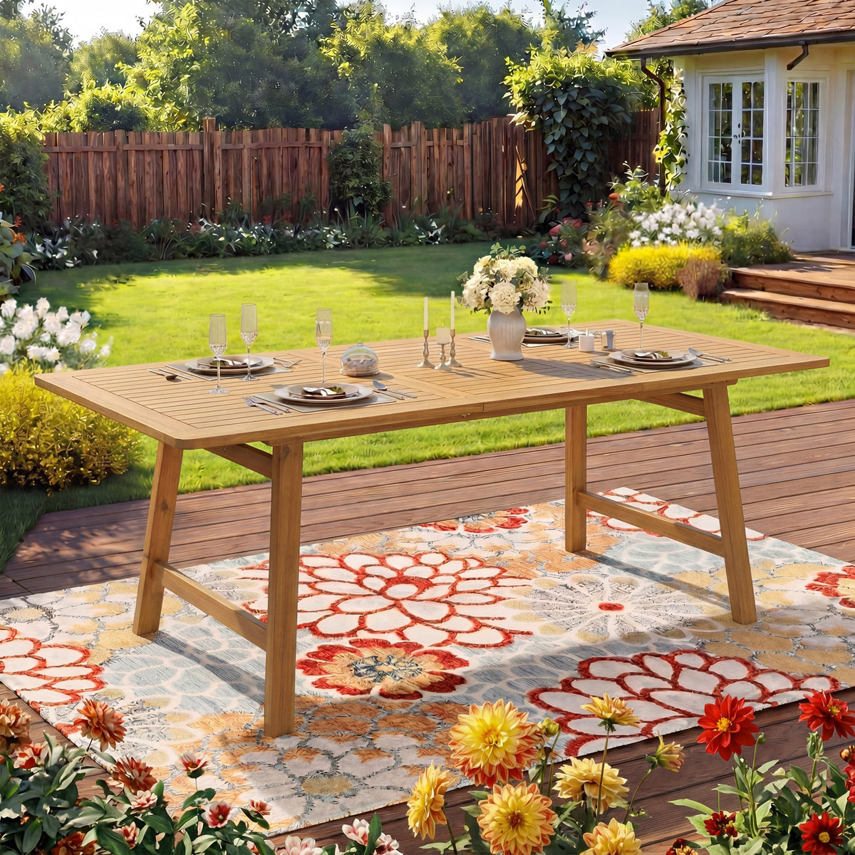 Extendable Acacia Wood Outdoor Dining Table, 59' to 78.74' Rectangular Patio Table with Slatted Top, Weather-Resistant Wooden Expandable Table for Backyard, Garden & Deck, Teak Finish