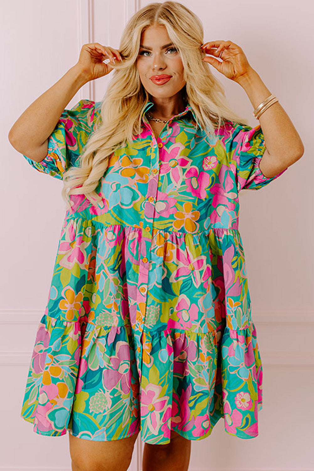 Green Plus Floral Print Puff Sleeve Tiered Shirt Dress - Eloy Royal