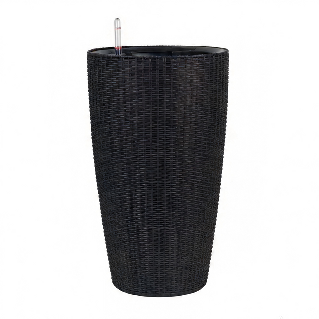 Faux Rattan Tall Planters Set with Water Level Monitor and Auto Watering, Black, Polypropylene, 22 Inch