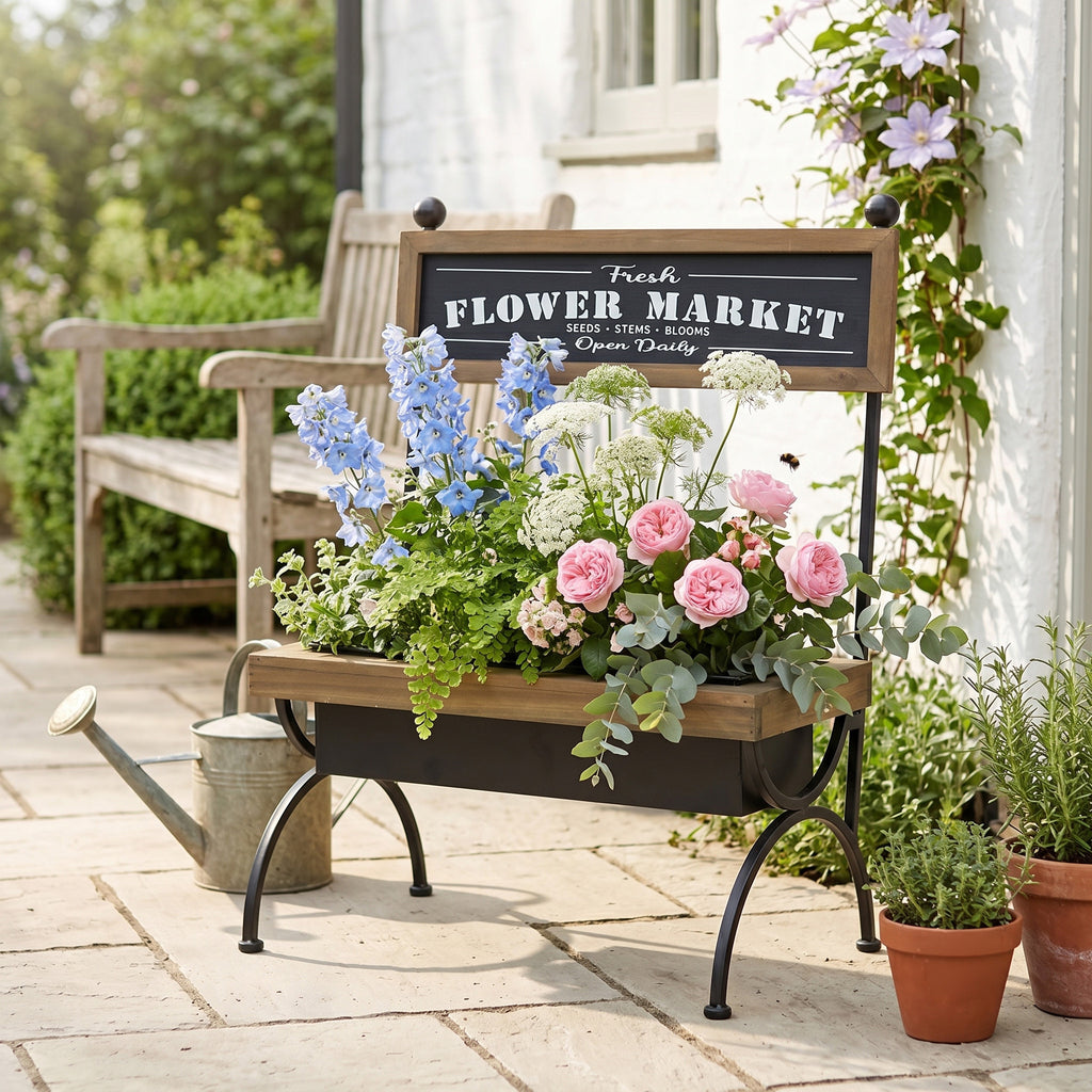 19x11x24' Rustic Brown Wooden Planter Stand with Black Iron Frame