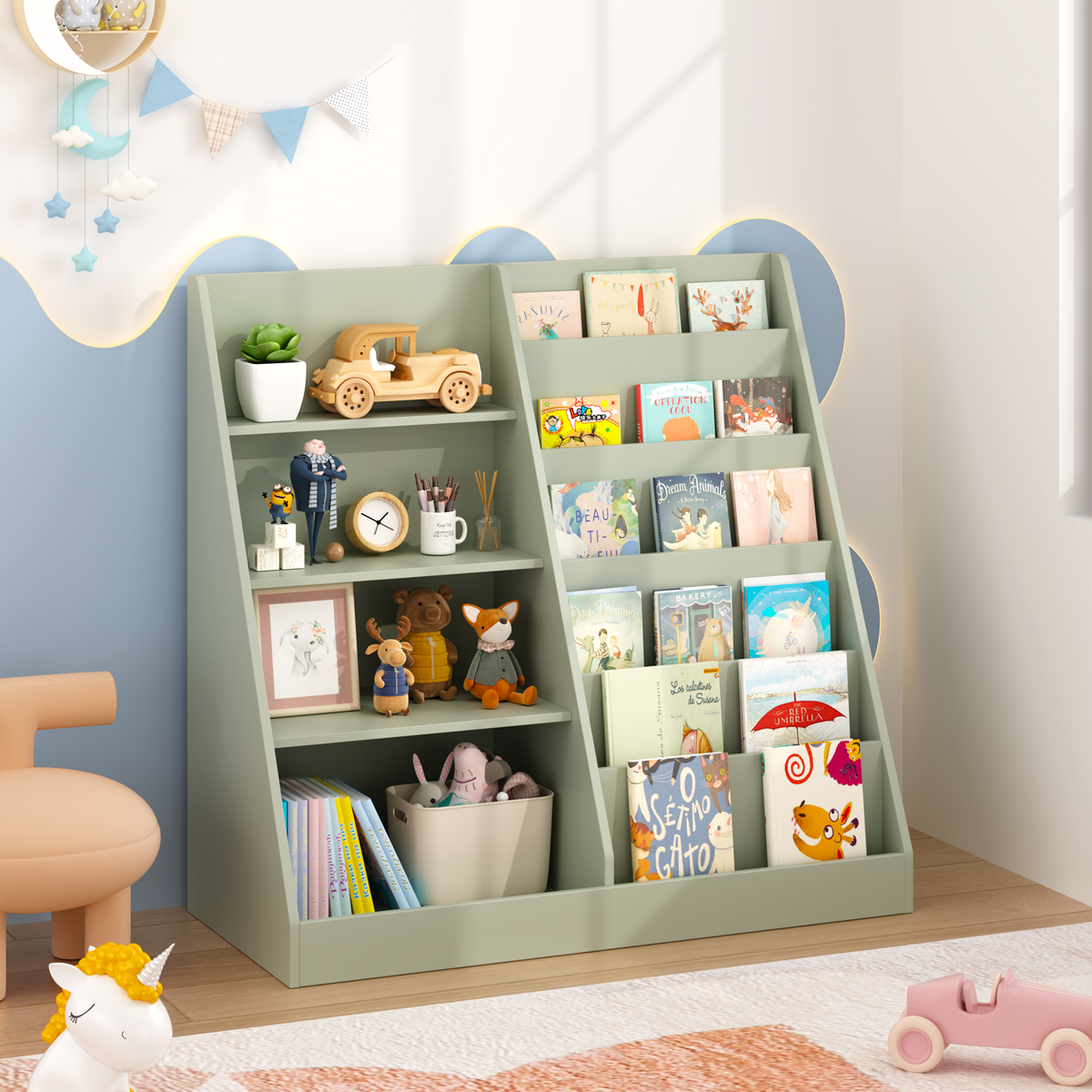 Kids Bookshelf and Toy Storage Organizer, Multifunctional 4 Tier Wooden Kids Book Shelf with  Bookcase Display Stand in Kids Room Playroom Nursery for Kids, Children, Toddlers (Sage)