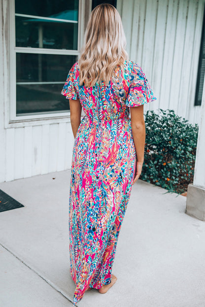 Wholesale Rose Boho Abstract Print V Neck Short Sleeve Maxi Wrap Dress - Eloy Royal